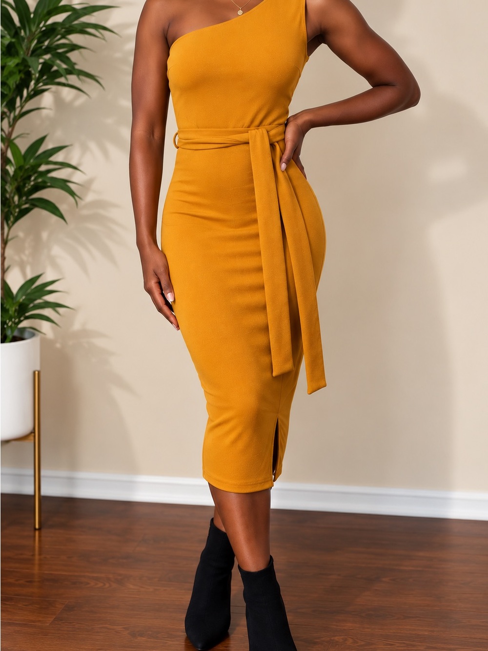 Boohoo Mustard One-Shoulder Midi Dress with Waist Tie
